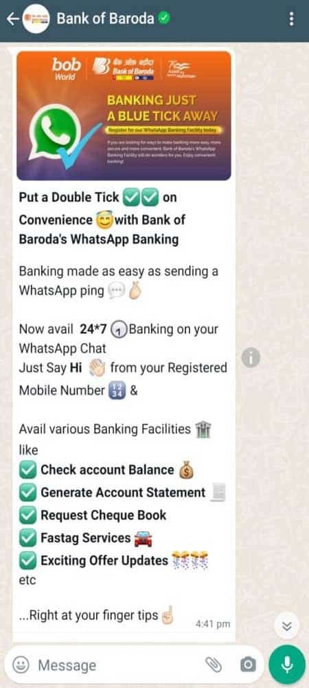 Active Baroda Bank WhatsAPp Banking